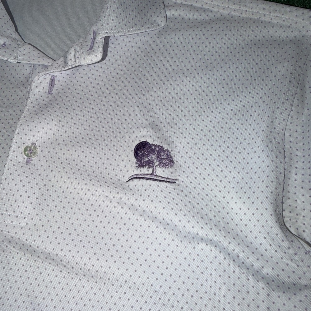 Turtleson Polo Shirt Men's Size Small White Purple Dots Tree Logo - Picture 2 of 7